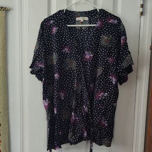 LOFT Plus Black Polka Dot And Jeweltone Floral Blouse,Sz 26